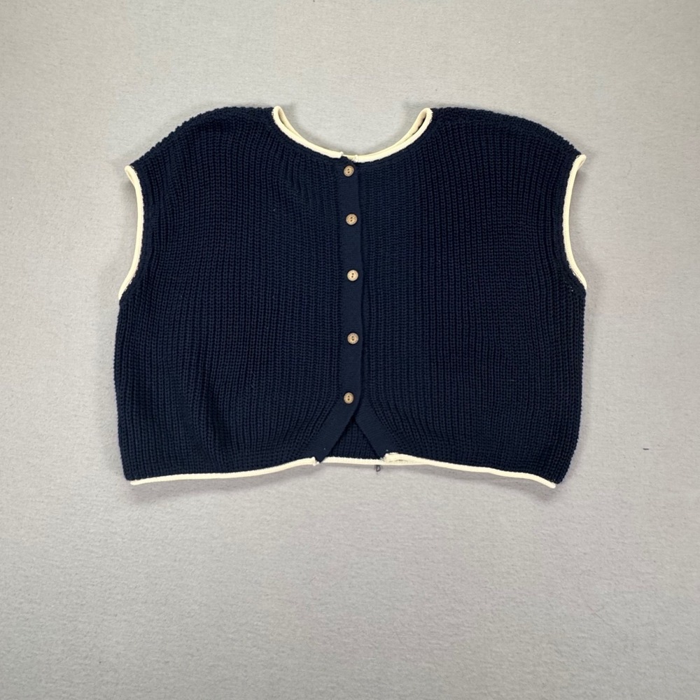 Miou Muse Women Sweater Vest Relaxed Navy Blue Contrast Trim Button Front M